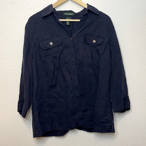Lauren Ralph Lauren Tops - Lauren Ralph Lauren Navy Linen Nautical Blouse Size 1X